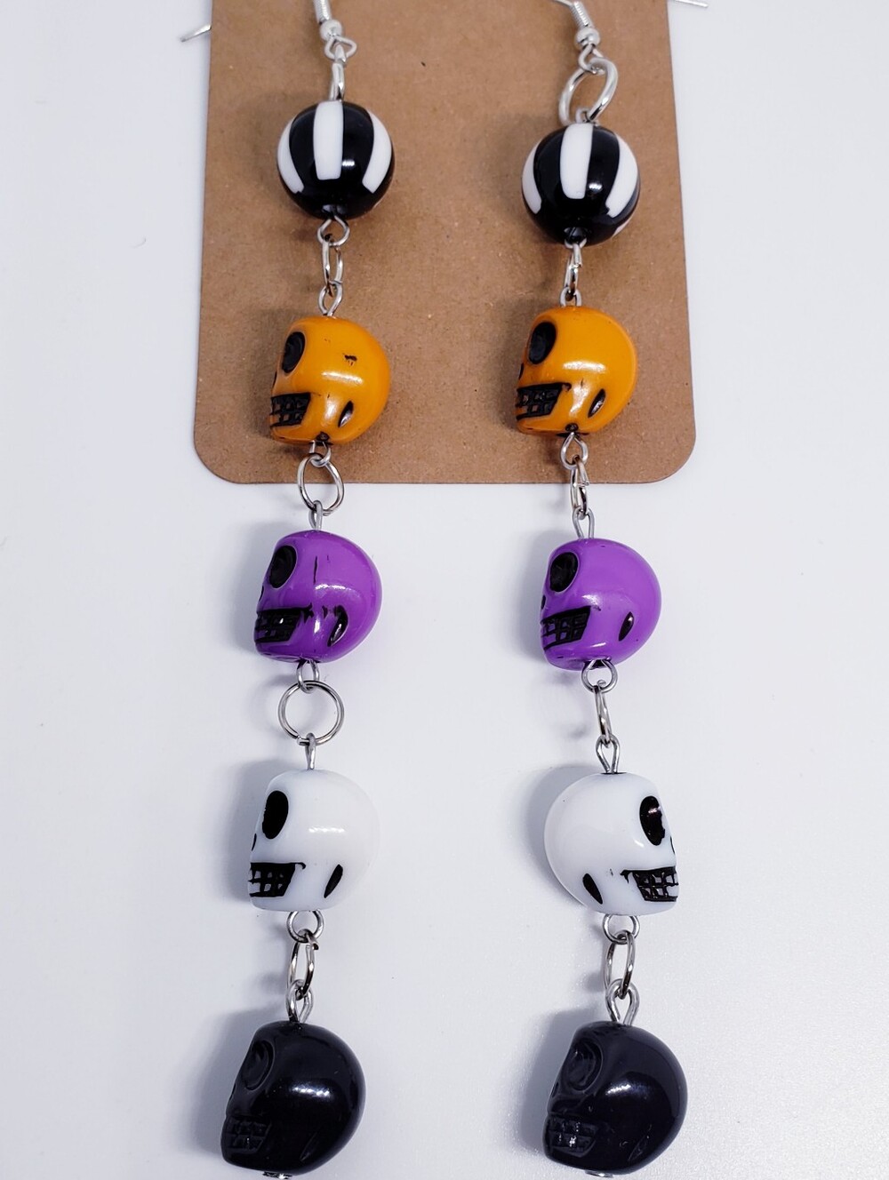 Handmade Long Orange Black Purple Halloween Skull Dangle Earrings